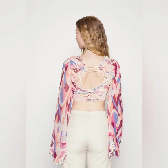 𝓯𝓹 Free People ~ Eyes on You Bell Sleeve Eyelet Mesh Crop Top - Picture 10 of 13